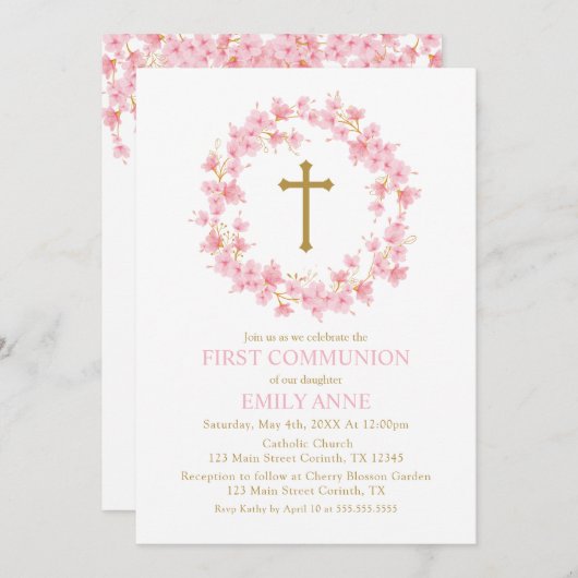Invitation Invitación First Communion Cherry Blossom floral I (Devant / Derrière)