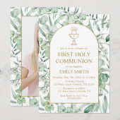 Invitation Invitación First Communion Eucalyptus leaves (Devant / Derrière)