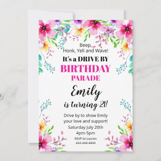 Invitation Invitación Floral Birthday Drive By Parade Invitat (Devant)