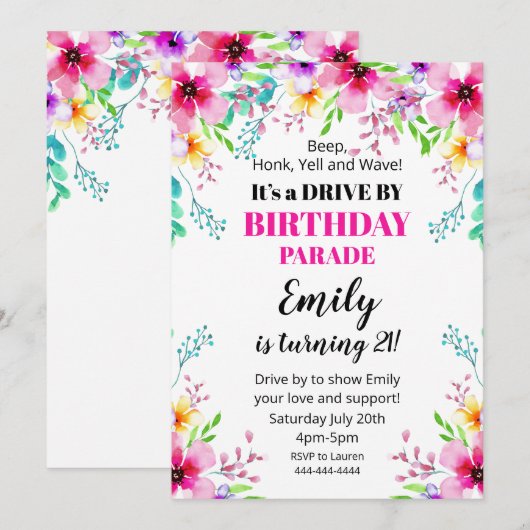 Invitation Invitación Floral Birthday Drive By Parade Invitat (Devant / Derrière)