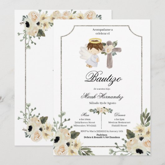 Invitation Invitacion florale Silver Cross Mi Bautizo (Devant / Derrière)