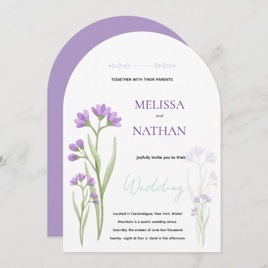 Invitation Invitación flores violetas delicadas (Devant / Derrière)