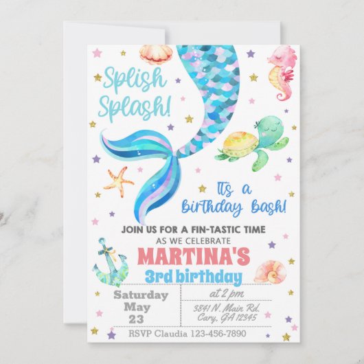 Invitation Invitación Mermaid birthday invitation, sea turtle (Devant)