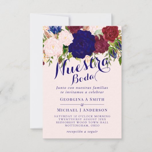 Invitation Invitacion Nuestra Boda Bourgogne bleu rose floral (Devant)