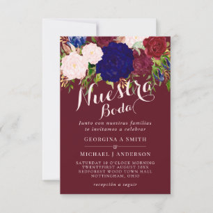 Invitation Invitacion Nuestra Boda Bourgogne bleu rose floral