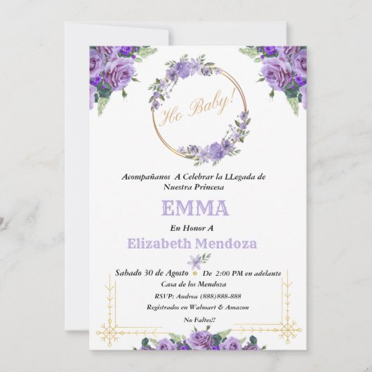 Invitation invitacion para Baby Shower con Flores purpura (Devant)