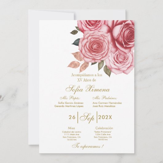 Invitation Invitación para xv años con flor rosa (Devant)