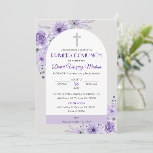 Invitation Invitacion Primera Comunion Fleurs mignonnes pourp (Debout devant)