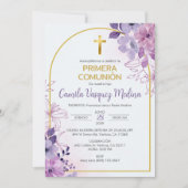 Invitation Invitacion Primera Comunion Fleurs pourpres mignon (Devant)