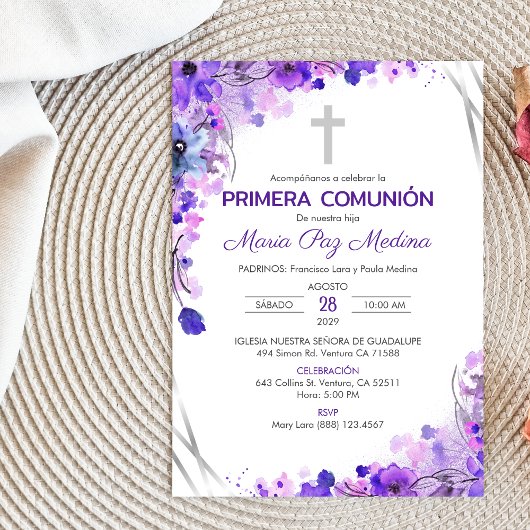 Invitation Invitacion Primera Comunion Fleurs pourpres mignon