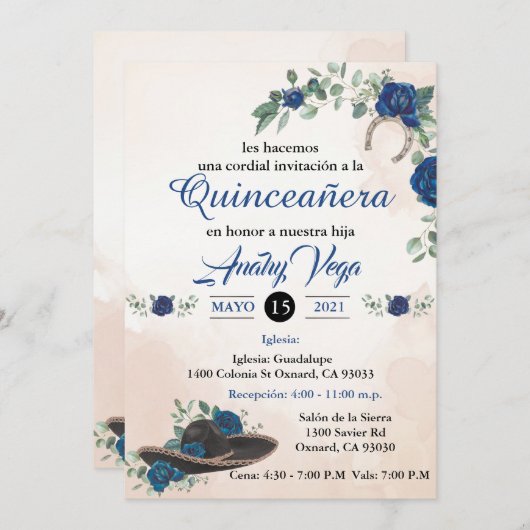 Invitation Invitación QUINCEANERA Mariachi Charra bleu rustiq (Devant / Derrière)