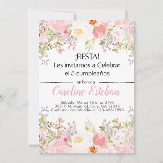 Invitation Invitación rose floral fleurs fille niña. (Devant)