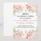 Invitation Invitación rose floral fleurs fille niña. (Devant / Derrière)