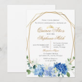 Invitation Invitación Spanish Quinceanera Blue floral invit (Devant / Derrière)