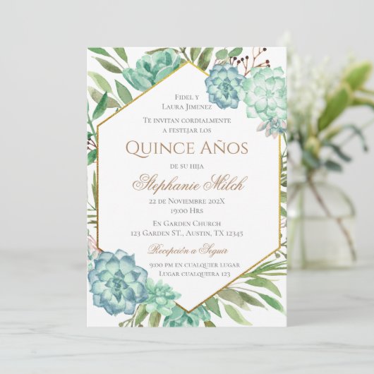 Invitation Invitación Spanish Quinceanera Greenery Floral  (Debout devant)