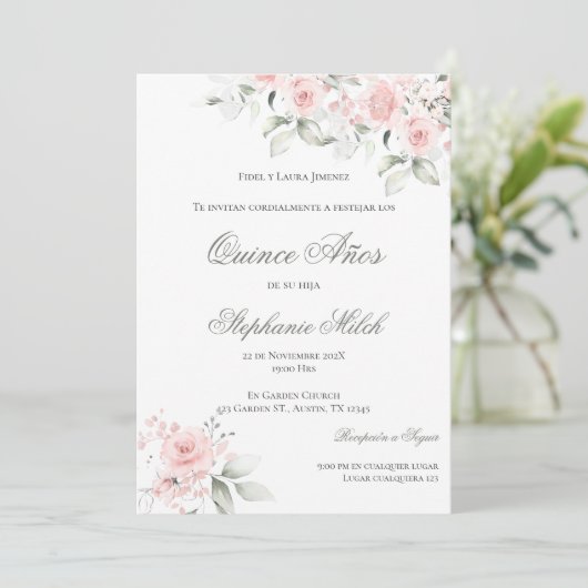 Invitation Invitación Spanish Quinceanera pink floral invite (Debout devant)