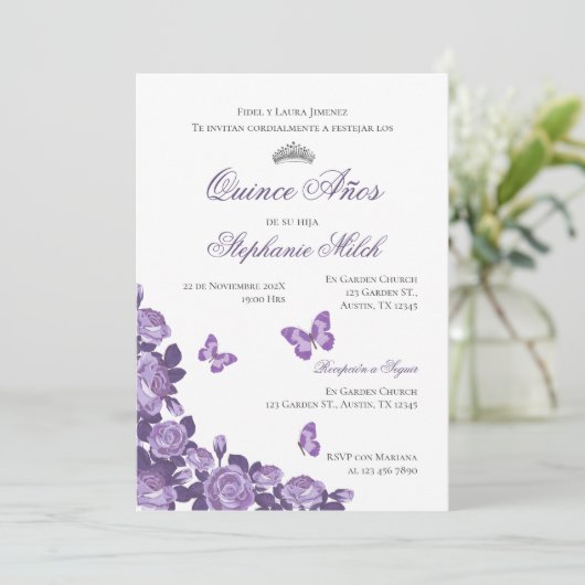Invitation Invitación Spanish Quinceanera purple floral invit (Debout devant)