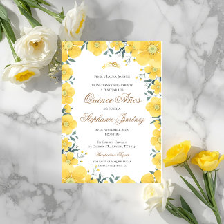 Invitation Invitación Spanish Quinceanera yellow floral invit