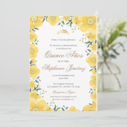 Invitation Invitación Spanish Quinceanera yellow floral invit (Debout devant)