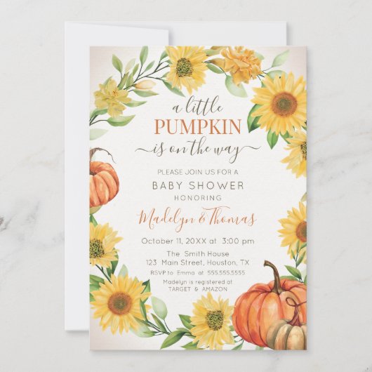 Invitation Invitación Sunflowers & Citrouilles Baby shower d' (Devant)