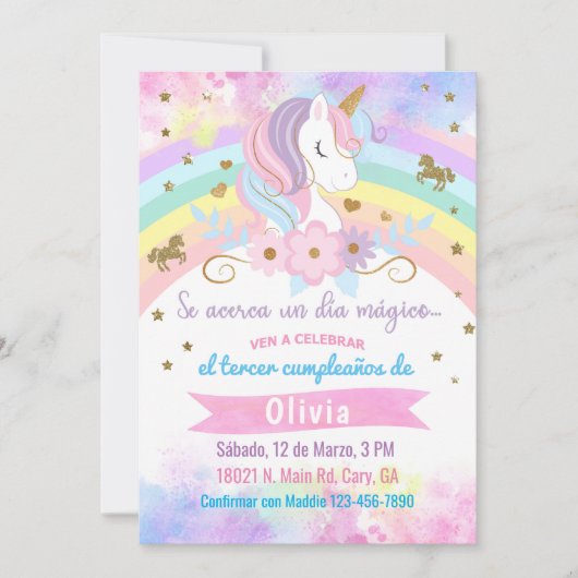 Invitation Invitación Unicorn head birthday invitation, Spani (Devant)