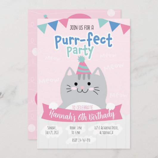 Invitation Invitaciones fiesta de cumpleaños cute kitty (Devant / Derrière)