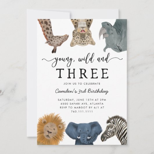 Invitation Invitat Young Wild and Three Safari Birthday Party (Devant)