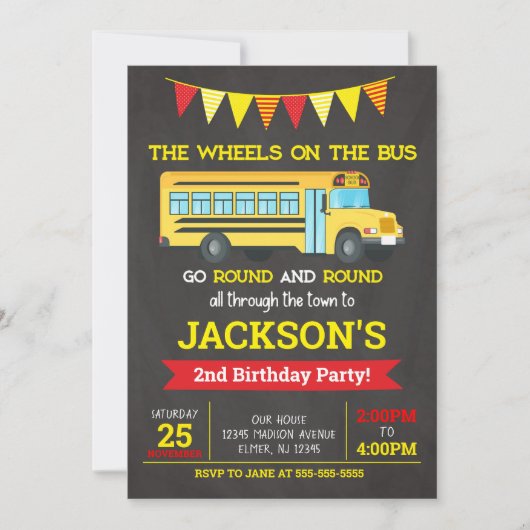 Invitation Invitation/roues d'anniversaire d'autobus scolaire (Devant)