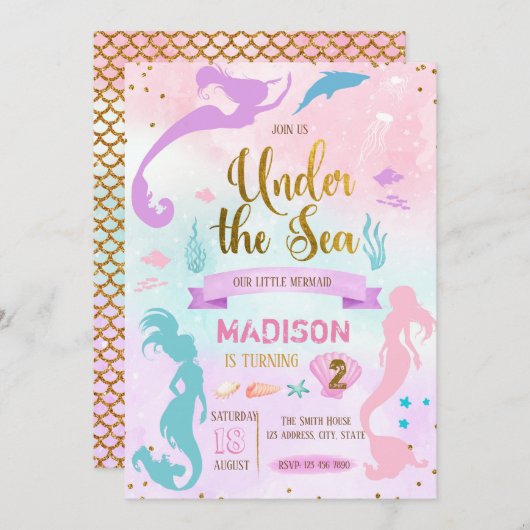 Invitation Invité d'anniversaire Pastel mermaid (Devant / Derrière)