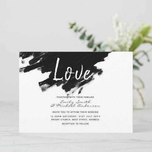 Invitation Invite de mariage moderne - Peinture noir blanc (Debout devant)