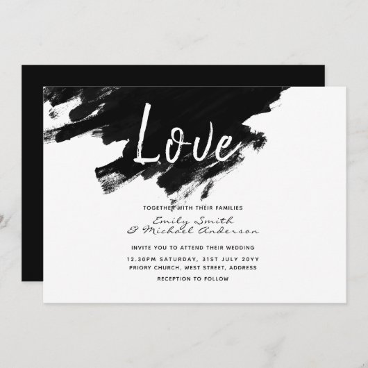 Invitation Invite de mariage moderne - Peinture noir blanc (Devant / Derrière)