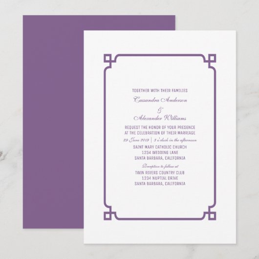 Invitation Invite Mariage Chic Purple Deco (Devant / Derrière)