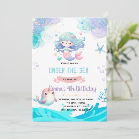 Invitation Invite Mermaid Narwhal (Debout devant)