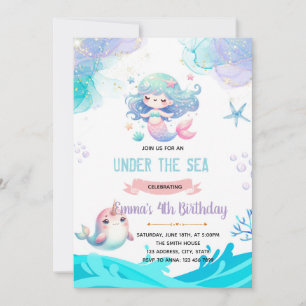 Invitation Invite Mermaid Narwhal