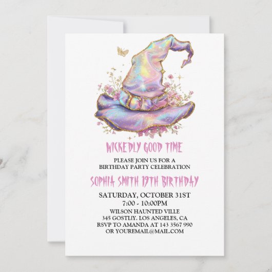 Invitation Iridescent Witch Hat Wickedly Good Time Birthday  (Devant)