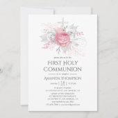 Invitation Iridescente Argent et Pink Floral Holy Communion (Devant)
