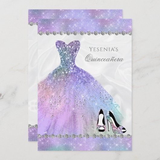 Invitation Iridescente Diamond Sparkle Glam Quinceañera (Devant / Derrière)