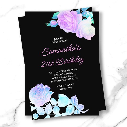 Invitation Iridescente Floral Noir et rose 21e anniversaire