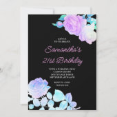 Invitation Iridescente Floral Noir et rose 21e anniversaire (Devant)