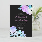 Invitation Iridescente Floral Noir et rose 21e anniversaire (Debout devant)