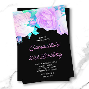Invitation Iridescente Floral rose et noir 21e anniversaire