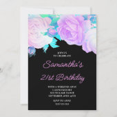 Invitation Iridescente Floral rose et noir 21e anniversaire (Devant)
