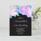 Invitation Iridescente Floral rose et noir 21e anniversaire (Debout devant)