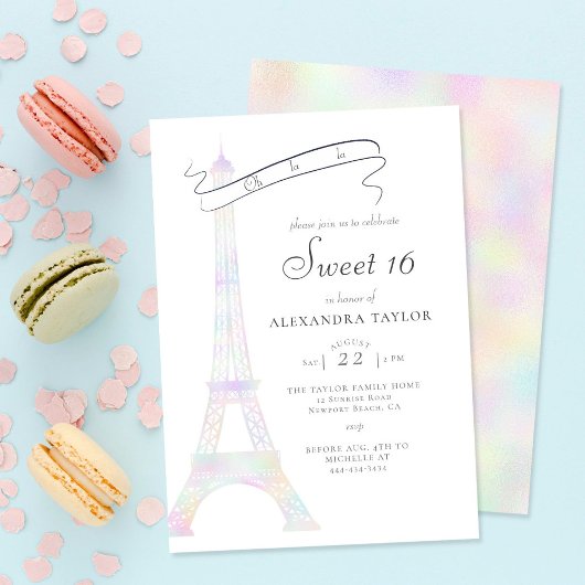 Invitation Iridescente Tour Eiffel Paris Minimaliste Sweet 16