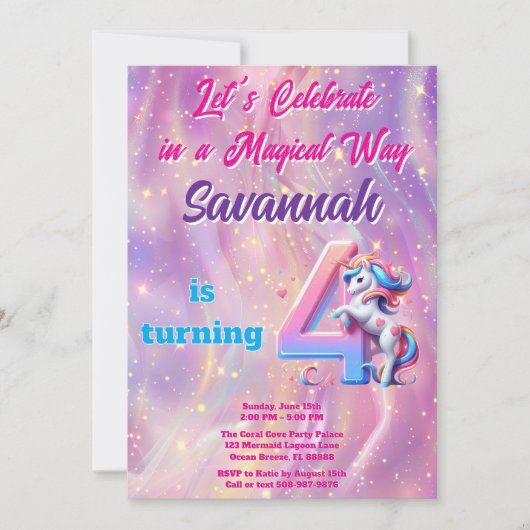 Invitation Iridescente Unicorn Fille 4e fête d'anniversaire (Devant)