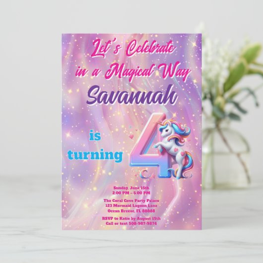 Invitation Iridescente Unicorn Fille 4e fête d'anniversaire (Debout devant)