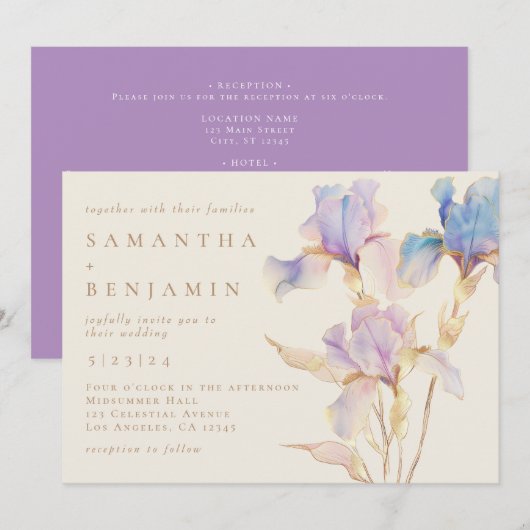Invitation Iris Elégant Ensemble Complet Fleurs Aquarelle Mar (Devant / Derrière)