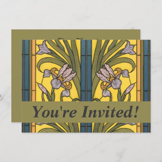 Invitation Iris Fleur Art Nouveau Vitrail Bleu Or (Devant / Derrière)