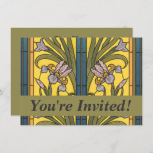 Invitation Iris Fleur Art Nouveau Vitrail Bleu Or