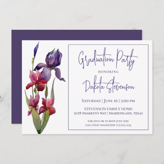 Invitation Iris Graduation Party | Violet Violet Fleur rose (Devant / Derrière)